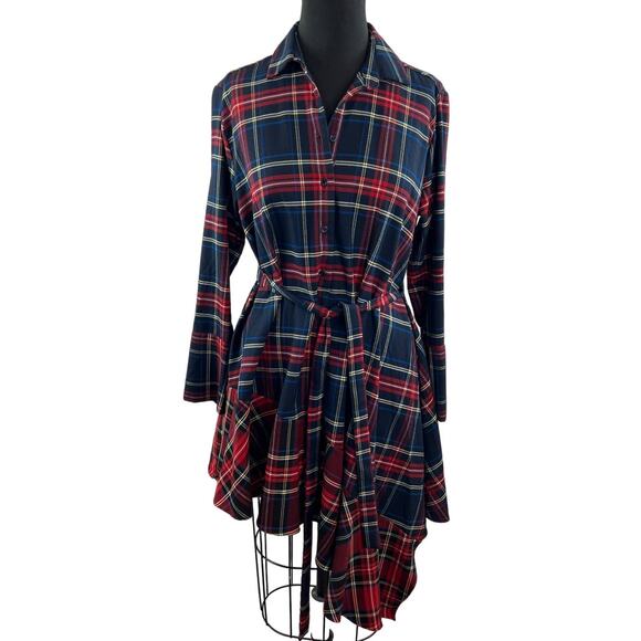 ZARA Navy Blue Red Tartan Plaid Asymmetric ButtonUp Tie Waist Midi Shirt Dress S - Picture 2 of 8